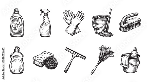 A hand-drawn illustration featuring various cleaning tools and supplies such as bottles, gloves, a mop, a bucket, a squeegee, a brush, and a duster.