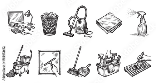 A collection of vintage-style hand-drawn illustrations depicting various cleaning supplies and tools for home and office maintenance.