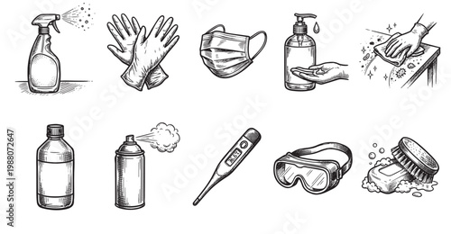 A hand-drawn illustration featuring a variety of hygiene and cleaning items, including sanitizer, masks, gloves, and cleaning tools, presented in a clean, monochrome style.