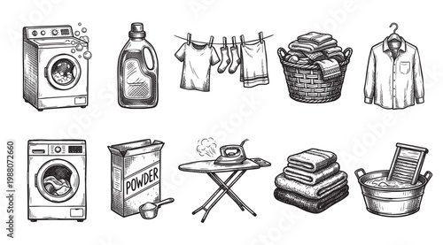 A black and white illustration features various laundry-related items including washing machines, detergent, clothesline, basket, iron, and tub.
