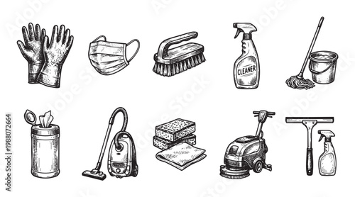 A vintage black and white illustration showcases a variety of essential cleaning tools, including gloves, mask, brush, spray bottle, mop, bucket, wipes, vacuum, sponges, floor polisher, and squeegee.