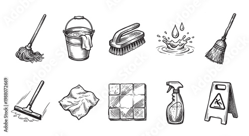 A collection of hand-drawn black and white illustrations depicts essential cleaning tools like mops, buckets, brushes, spray bottles, and a wet floor sign, ideal for design projects.