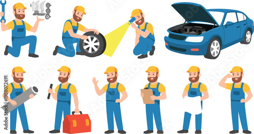 Professional car mechanic character set featuring technician repairing engine changing tires holding toolbox and exhaust for automotive service concepts