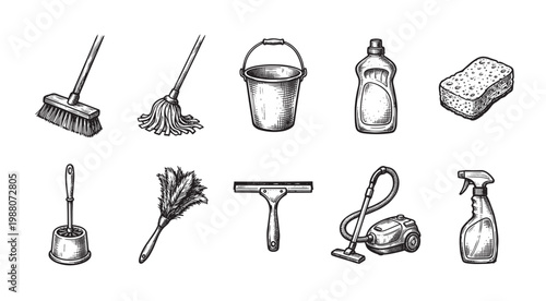 A detailed illustration collection of various cleaning tools and supplies, rendered in a vintage sketch style, perfect for illustrating household chores and hygiene.
