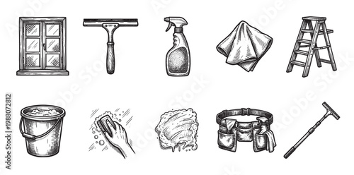 A collection of vintage hand-drawn illustrations depicts various tools and items used for window cleaning, including a squeegee, spray bottle, bucket, and ladder.