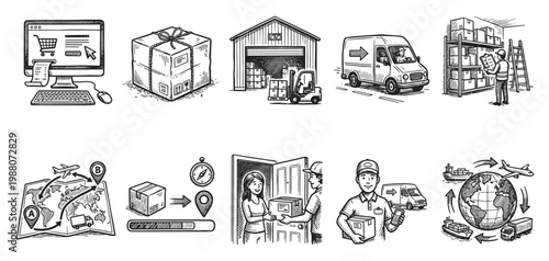 A set of hand-drawn icons illustrating the entire logistics and delivery process from online ordering to global shipping and final delivery.