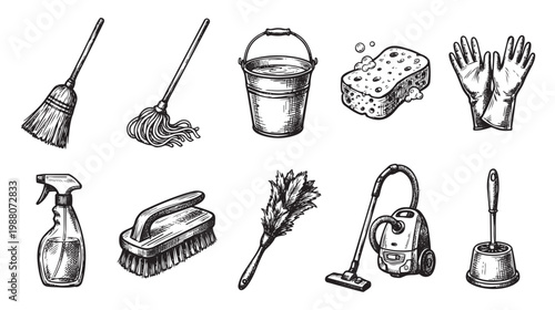 A hand-drawn collection of essential cleaning tools including a broom, mop, bucket, sponge, gloves, spray bottle, brush, duster, vacuum, and toilet brush.