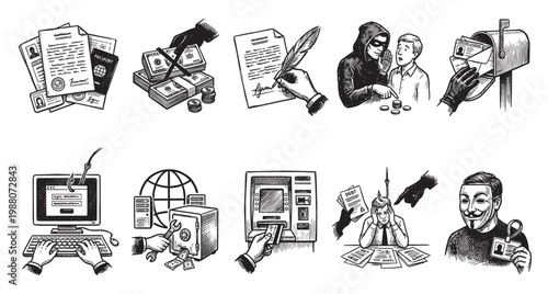 A hand-drawn illustration depicts various financial crime and security threats, including identity theft, hacking, and debt.