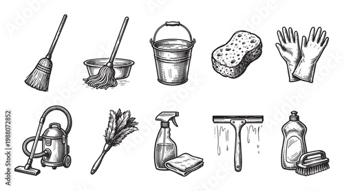 A hand-drawn sketch features a collection of common household cleaning supplies, including a broom, mop, bucket, sponge, gloves, vacuum, duster, spray bottle, squeegee, and detergent.