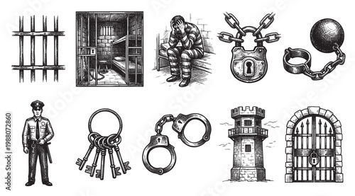 A collection of vintage black and white illustrations depicting various elements of a prison, including bars, cell, inmate, guard, keys, and shackles.