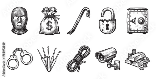 A collection of hand-drawn black and white icons representing crime and security elements like a ski mask, money bag, crowbar, broken lock, safe, handcuffs, lock picks, rope, camera, and gold bars.