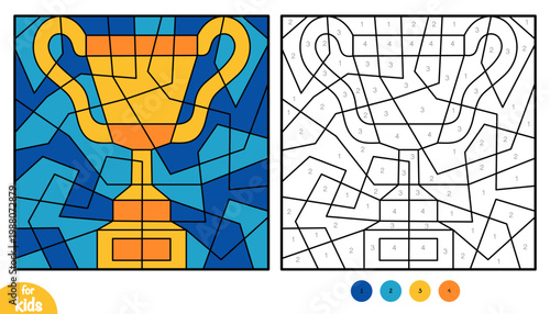 Color by number football game for kids with trophy cup. Fun and educational sports activity for preschool and children. Square picture to learn numbers and colors
