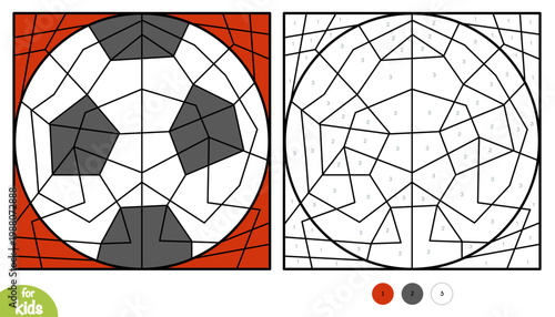 Color by number football game for kids with soccer ball. Fun and educational sports activity for preschool and children. Square picture to learn numbers and colors