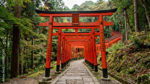 Scenic View of a Group Red Torii Gates in Japan