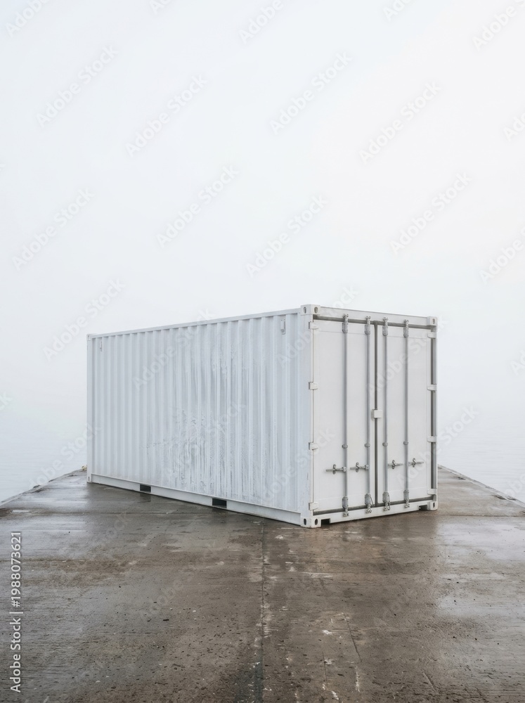 Fototapeta premium Isolated white refrigerated shipping container on a misty dock. Conceptual image representing the cold chain, perishable goods transport, and specialized maritime logistics.