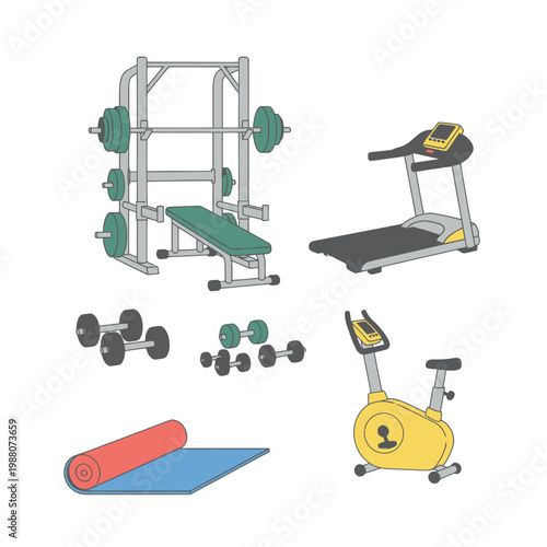 Gym Equipment Collection: Treadmill, Weight Bench, Dumbbells, Exercise Bike, Yoga Mat