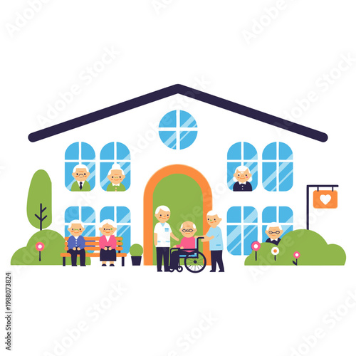 Elderly Care Home: Residents and Staff in a Welcoming Building