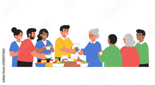 Diverse volunteers serving food to community members at a charity event.