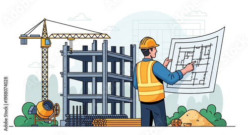 Construction worker reviewing blueprints at a building site with crane and concrete mixer.