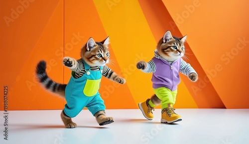 Two Cute Kittens Wearing Stylish Human Clothes Walking on Orange Background