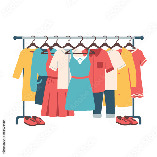 Colorful Clothes Hanging on Rack with Shoes Below
