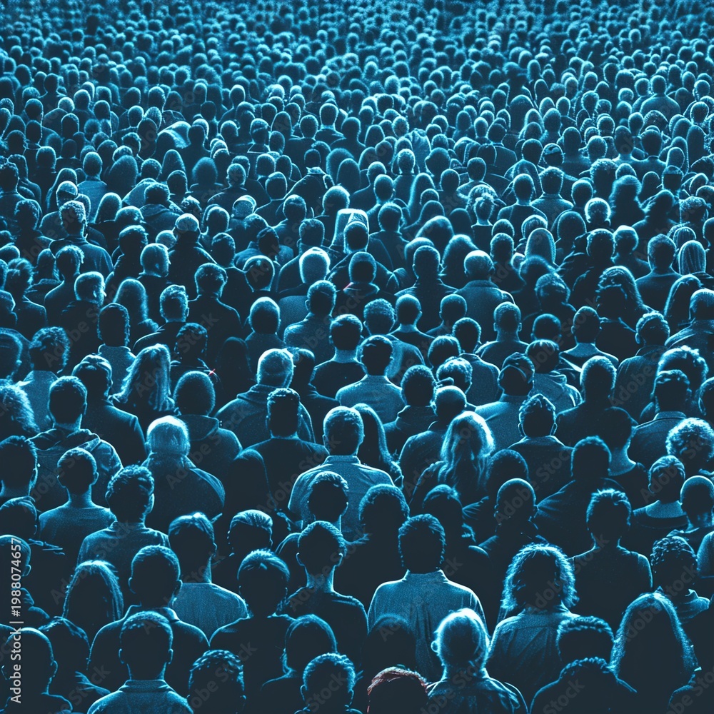Obraz premium A large crowd of people with blue tones in a dimly lit setting