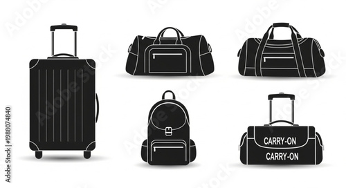 Collection of black travel bags and luggage on white background.