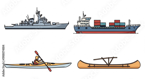 Collection of four different types of boats and watercraft.
