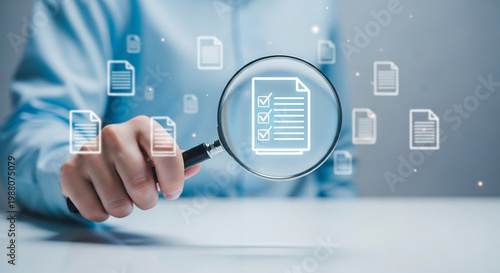 business professional analyzing resume with magnifying glass and digital icons