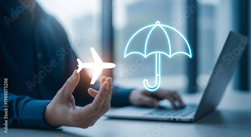 Hand holding glowing umbrella icon over laptop for digital protection concept