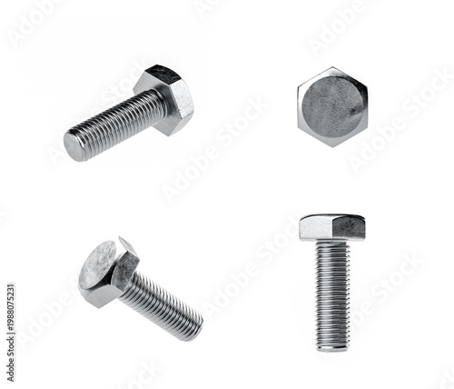 A set of metallic hex bolts displayed from different angles on a white background, showcasing their design and structure.