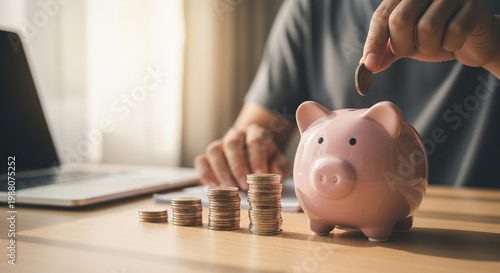 Hand placing coin into pink piggy bank on wooden desk with laptop and money stack