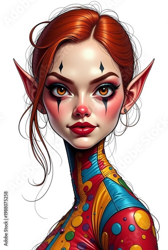 Fantasy Elf Clown Girl Illustration in Colorful Harlequin Costume
