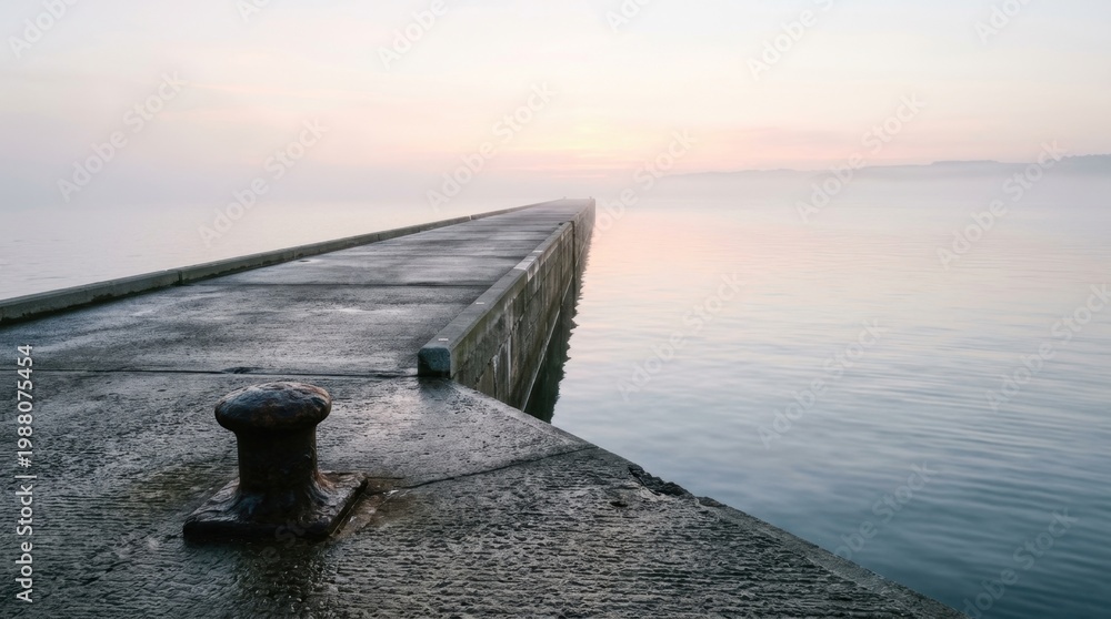 Naklejka premium Minimalist view of an empty concrete pier at dawn with a mooring bollard. Peaceful maritime landscape representing potential, space, and the quiet side of harbor logistics.