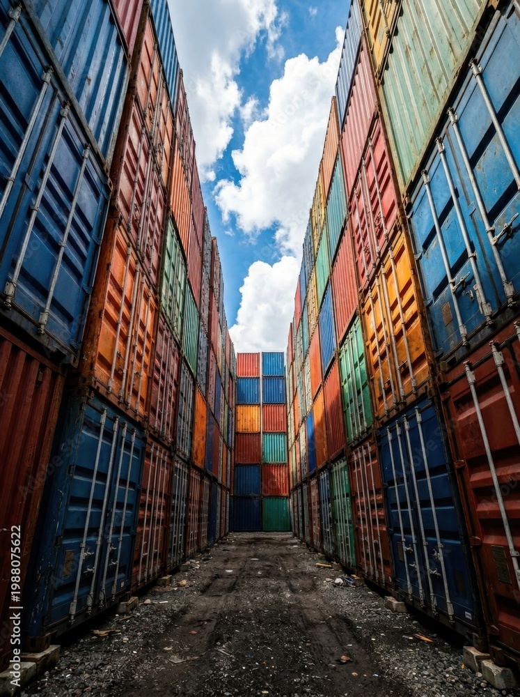 Fototapeta premium Low angle perspective between high stacks of multicolored shipping containers. Geometric industrial landscape showing the scale of modern cargo storage and terminal logistics.
