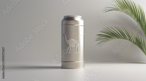 Silver can with embossed llama design on white background with palm leaf