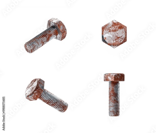 A collection of rusty hex bolts displayed from multiple angles, showcasing their weathered texture and form against a clean white background.