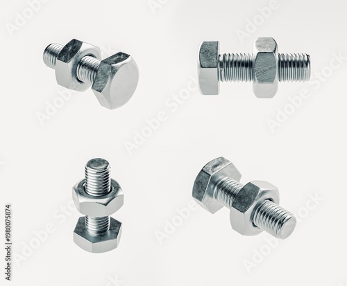 A collection of metallic bolts and nuts arranged on a white background, showcasing various shapes and sizes for industrial or construction use.