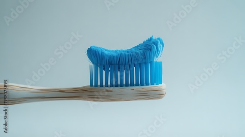 isolated single used toothbrush with blue bristles, white background