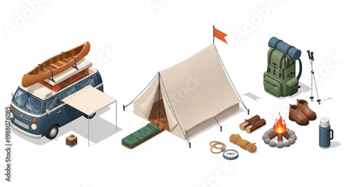 Camping gear and van for outdoor adventure and travel.