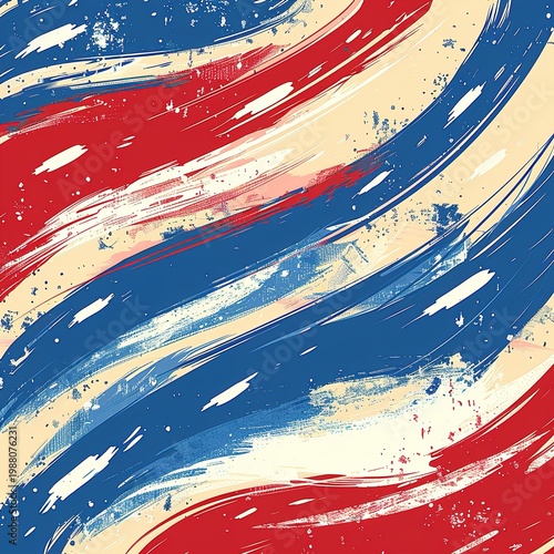 A vibrant abstract artwork featuring red, white, and blue brushstrokes on a beige background.