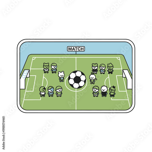 Cute cartoon soccer players on a field, ready for match