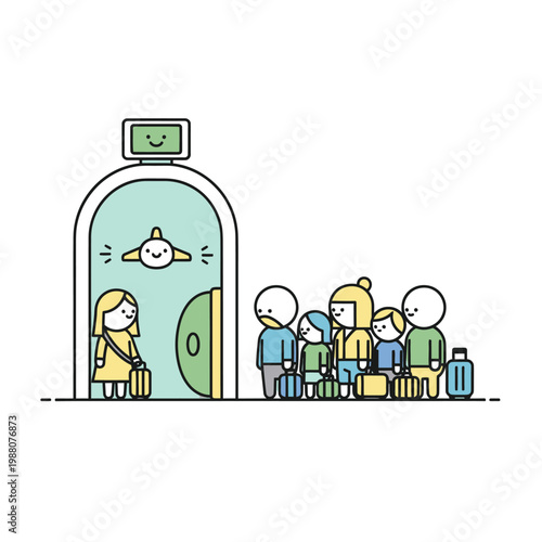 People queuing at airport gate for flight boarding with luggage, cartoon style.