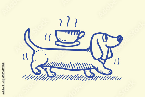 Energetic dachshund dog walking with a steaming cup of coffee balanced on its back wake up wiener dog sausage dog line art hand drawn dachshund steaming illustration minimalist