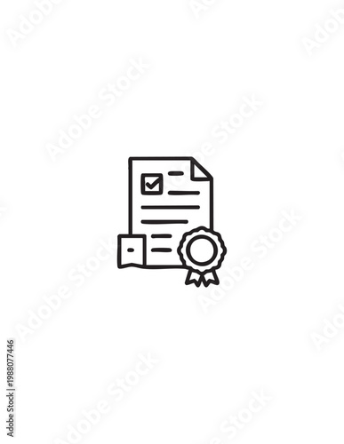 A simple line drawing of a certificate with a ribbon and checkmark