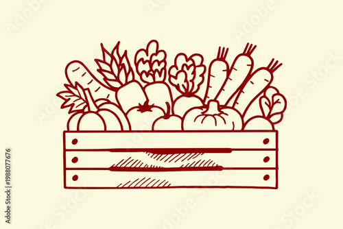 Wooden crate overflowing with doodle style vegetables illustration wooden box hand drawn root vegetables leafy greens vegetables illustration pumpkins tomatoes radishes collection