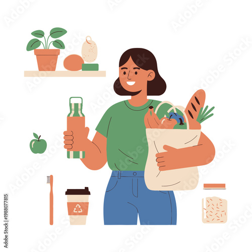 Woman with reusable bag and eco-friendly products, sustainable lifestyle concept.