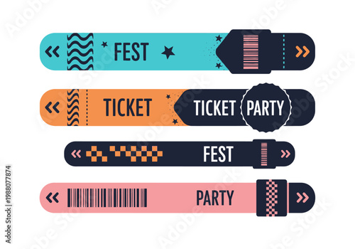 Set of Colorful Event Wristbands and Festival Ticket Templates with Barcodes and Patterns. Vector Illustration of Access Pass Bracelets for Concerts, Parties, and Clubs.