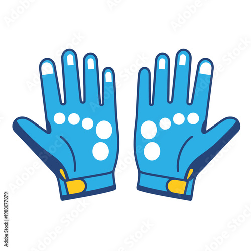 Blue cartoon gloves with white dots and yellow accents, isolated on white background.