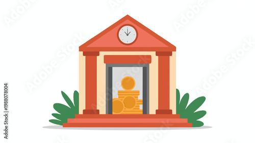 Cartoon bank building with coins in the window and clock on the roof